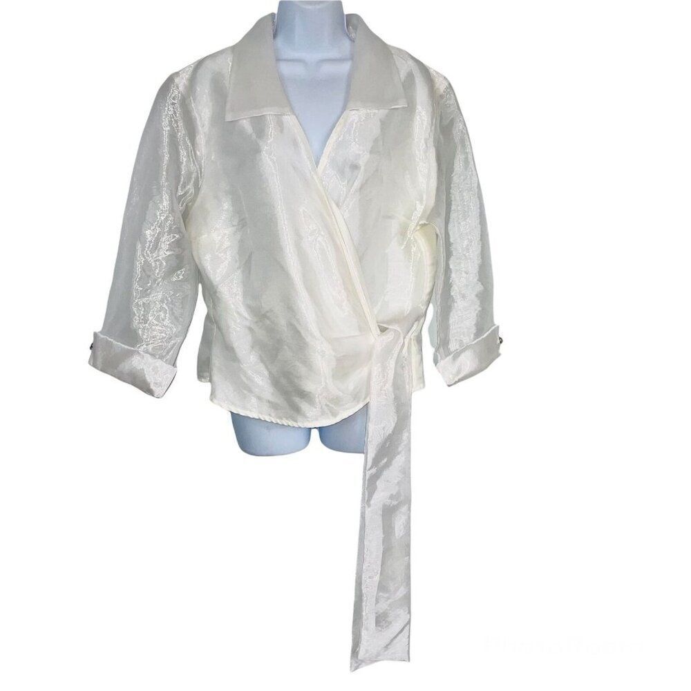 Vintage Helene Blake Evening Womens XL Petite Wrap Blouse White Sheer